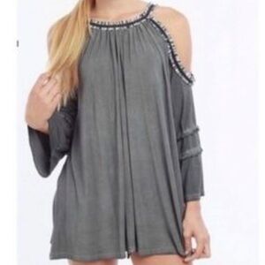 POL cold shoulder relaxed tunic top fringed trim half bell sleeves S